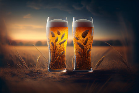 Glass of beer with barley fields on background at sunset. Generative AI.の素材