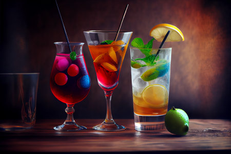A variety of alcoholic cocktail drinks available at the bar illustration. Generative AI.の素材