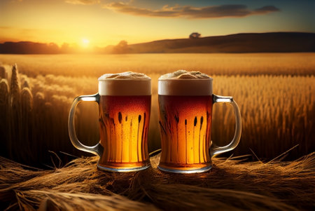 Glass of beer with barley fields on background at sunset. Generative AI.の素材