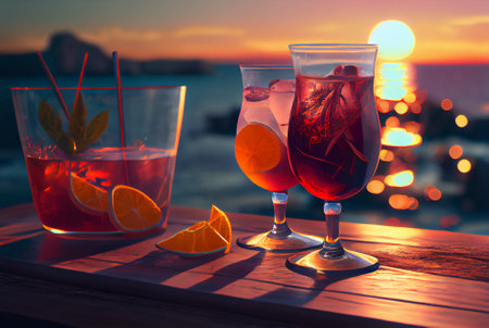 A variety of alcoholic cocktail drinks with the beach at sunset on background illustration. Generative AI.の素材