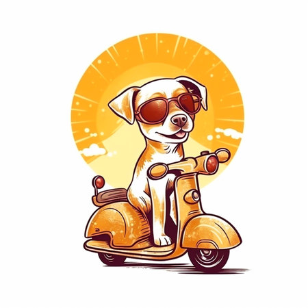 Dog riding scooter illustration. Generative AI.の素材