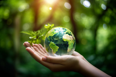 Hand holding globe with green nature background. World earth day concept. Generative AI.の素材