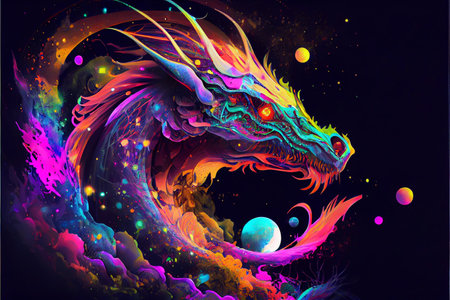 Vibrant color dragon head illustration. Generative ai.の素材