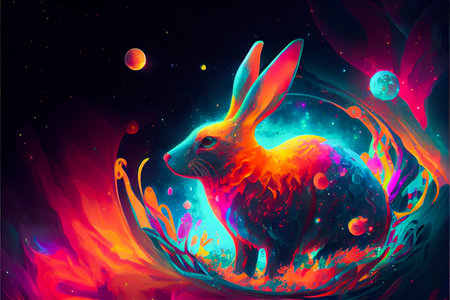 Vibrant color rabbit illustration. Generative ai.の素材