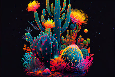 Vibrant color cactus illustration. Generative ai.の素材