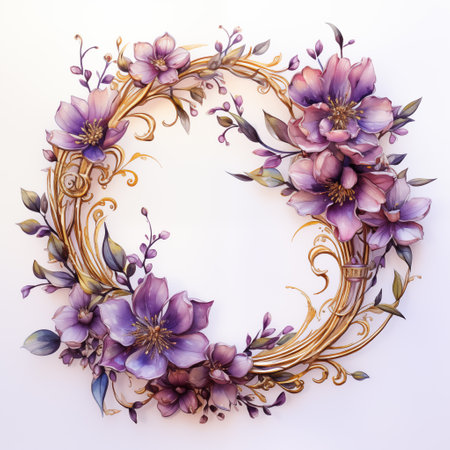 Purple flower wreath illustration. Generative Ai.の素材