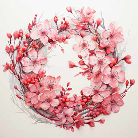 Pink flower wreath illustration. Generative Ai.の素材