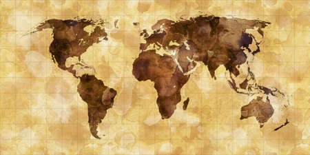 grunge stained map of the world on old paperの写真素材