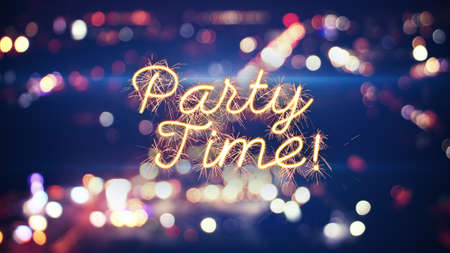 party time sparkler text and city bokeh lightsの写真素材