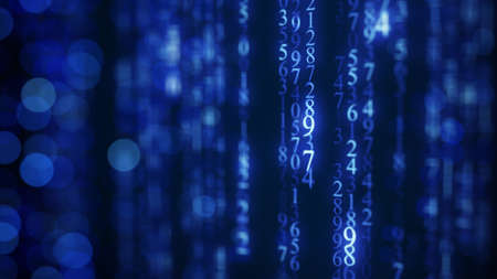 Blue digital matrix rain on screen. Shallow DOFの写真素材