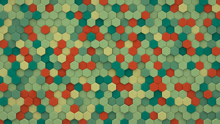 Chaotic extruded hexagons wall. 3D render abstract geometric background