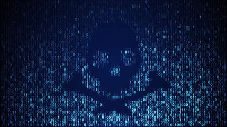 Blue skull shape of binary code on screen. Internet piracy and online security concept. Computer generated raster illustrationの写真素材