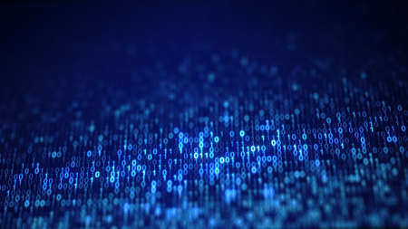 Blue digital binary data code on screen. Abstract information technology background. Computer generated raster illustration rendered with DOFの写真素材