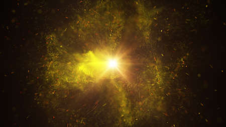 Lots of yellow particles and blue flashing light. Abstract background