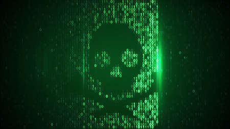 Pirate symbol on screen out of bynary code. Hacking and cyber piracy concept. Computer generated raster illustrationの写真素材