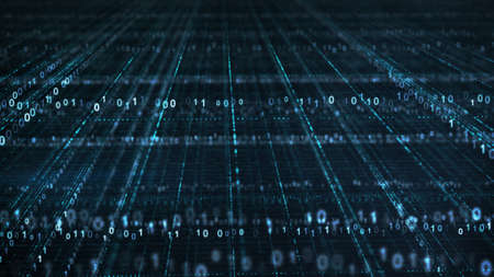 Blue sci-fi grid of digital binary code. Information technology futuristic concept. Computer generated rendering with DOFの写真素材