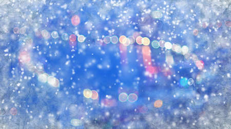 Blurred City lights through frozen window and snowfall. Aomputer generated abstract christmas backgroundの写真素材