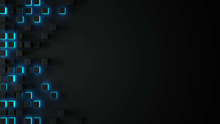 Black and glowing blue boxes. Abstract trendy background. 3D renderingの写真素材