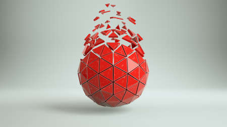 Polygonal red sphere with separated polygons. Abstract futuristic sci-fi concept. 3D render