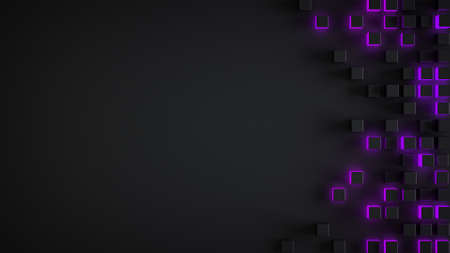 Glowing purple cubes on edge and free space. Abstract 3D renderの写真素材