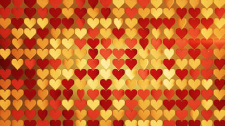 Red and gold hearts array. Abstract romantic concept. 3D render illustration