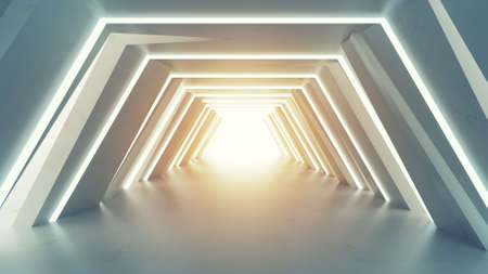 Futuristic tunnel with fluorescent lights. Sci-fi interior corridor. 3D renderの写真素材