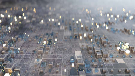 Multimaterial cubes on plane. Abstract futuristic technology or science fiction concept. 3D render