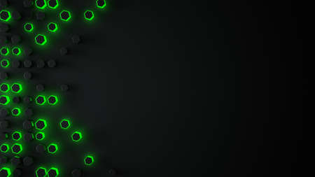 Glowing green haxagons on edge and free space. Abstract futuristic 3D renderingの写真素材
