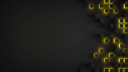 Glowing yellow cubes on edge and free space. Futuristic sci-fi computer graphic. 3D render...