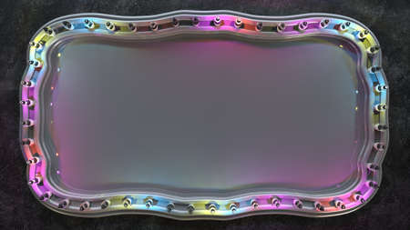 Blank board with glowing colorful light bulbs. Computer generated abstract background. 3D render