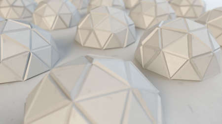 Polygonal white metallic hemispheres. Abstract science fiction concept. 3D rendering with DOF