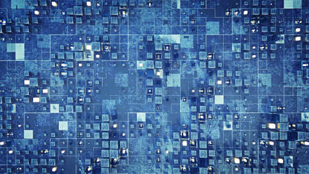 Futuristic sci-fi wall with blue cubes. Abstract science fiction background. 3D renderの写真素材