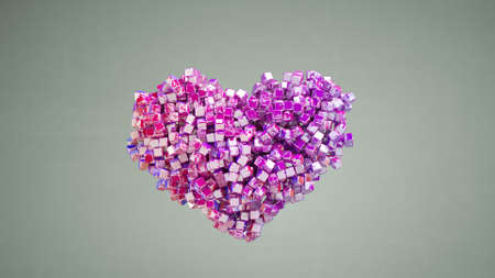 Colorful heart of small scattered pieces. Abstract romantic concept. 3D rendering