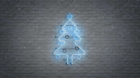 Blue glow neon light christmas tree symbol and snowfall. 3D renderingの写真素材