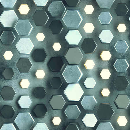 Seamless pattern of concrete and illuminating hexagons. Computer generated tileable background....