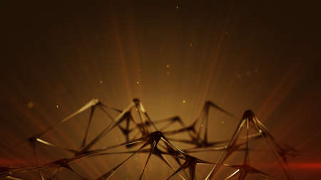 Red nanotechnology structure and light rays. Modern hi-tech concept. Abstract 3D rendering with...