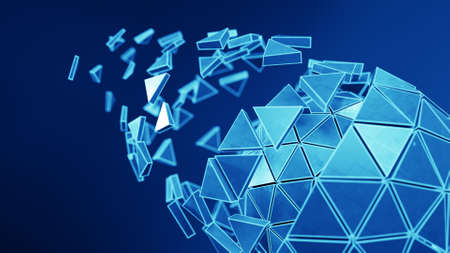 Blue icosahedron ball shape and flying polygons. Abstract futuristic technology or science fiction...
