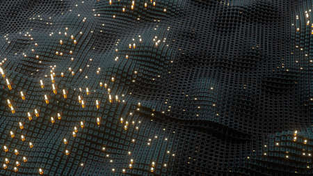 Cubes and glowing columns. Science fiction or futuristic technology concept. Seamless loop 3D render...
