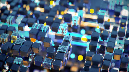 Blue and orange cubes and glowing streams. Futuristic information technology or science fiction concept. 3D rendering illustrationの写真素材