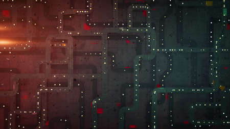 Blue and red chip board. Futuristic technology stylized design. 3D rendering illustration