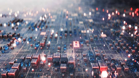 Multimaterial cubes on plane. Abstract futuristic technology or science fiction concept. 3D...