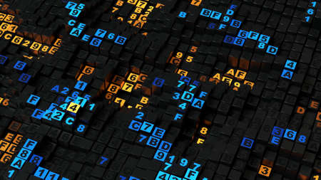 Yellow and blue HEX programming code. Coding or encrypting concept. 3D rendering