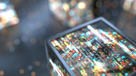 Cubes with digital noise. Abstract information technology concept. 3D render with DOF
