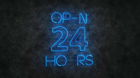 Glowing blue neon light sign open 24 hours. Blinking electric opensign on concrete wall. 3D...