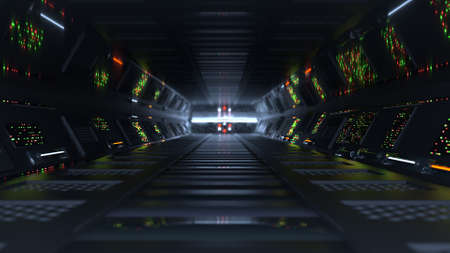 Futuristic tunnel with LED lights. Science fiction or space technologies design. 3D rendering with...