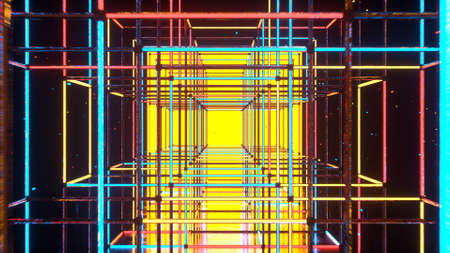 Flight through corridor with shining neon disco style cubes. Discotheque party design. 3D rendering...