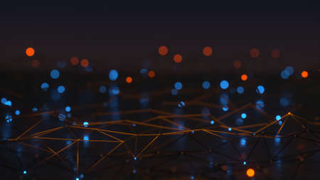 Wireframe shape of network with glowing nodes. Futuristic technologies or sci-fi concept. 3D render illustration with DOFの写真素材