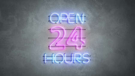 Open 24 hours neon light text on concrete wall. 3D render illustrationの写真素材