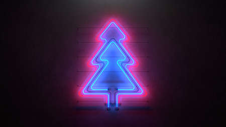 Christmas tree neon sign. Winter holidays symbol. 3D renderの写真素材