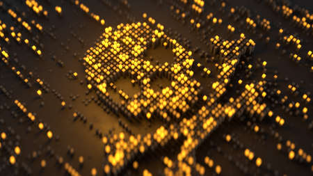 Skull and crossbones made from yellow cubes. Malicious computer code or hacking concept. 3D rendering with DOFの写真素材